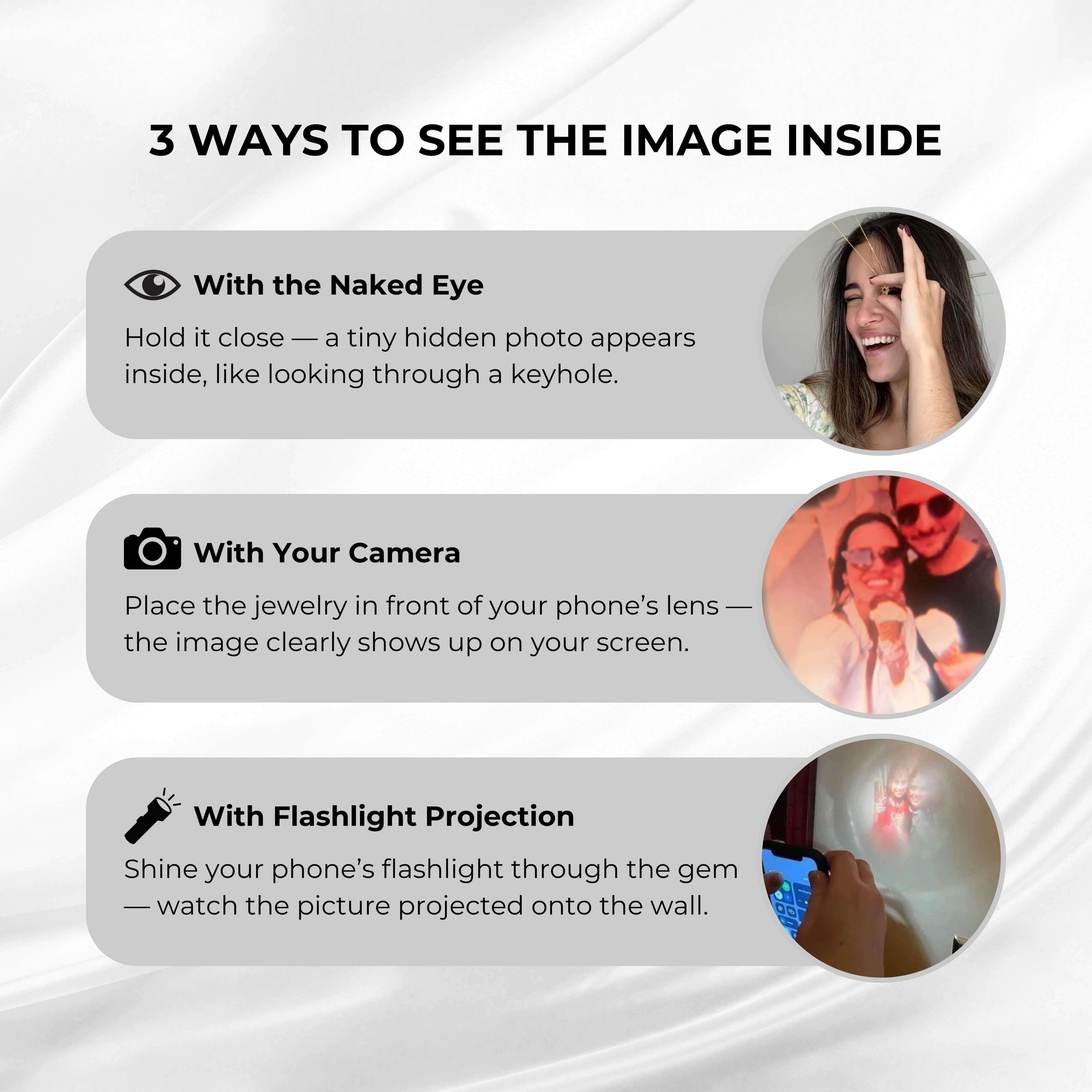 3 ways to see the image inside the Pink Photo Bracelet by Brother & Sisters: naked eye, camera, flashlight projection.