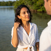 Thumbnail for The gold stud earrings worn, close view | SKU: 42008-gold