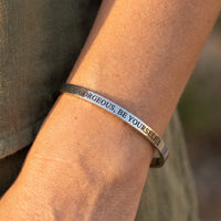 Thumbnail for Close-up of the Be Gorgeous, Be Yourself bracelet in silver worn | SKU: bgby-wg