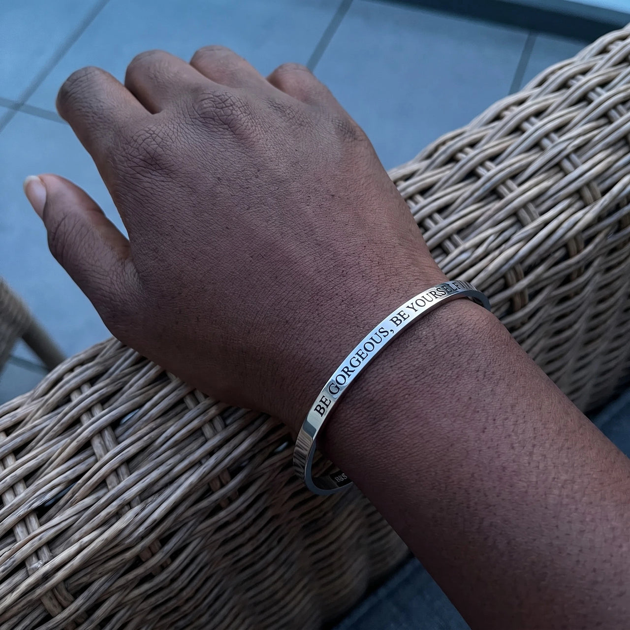 Be Gorgeous, Be Yourself bracelet in silver worn, showing its real size | SKU: bgby-wg