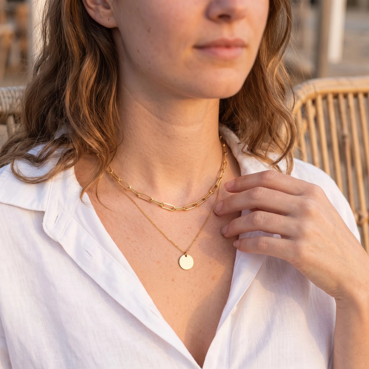 Layered necklace — worn, everyday gesture, gold | SKU: le-tendance-g