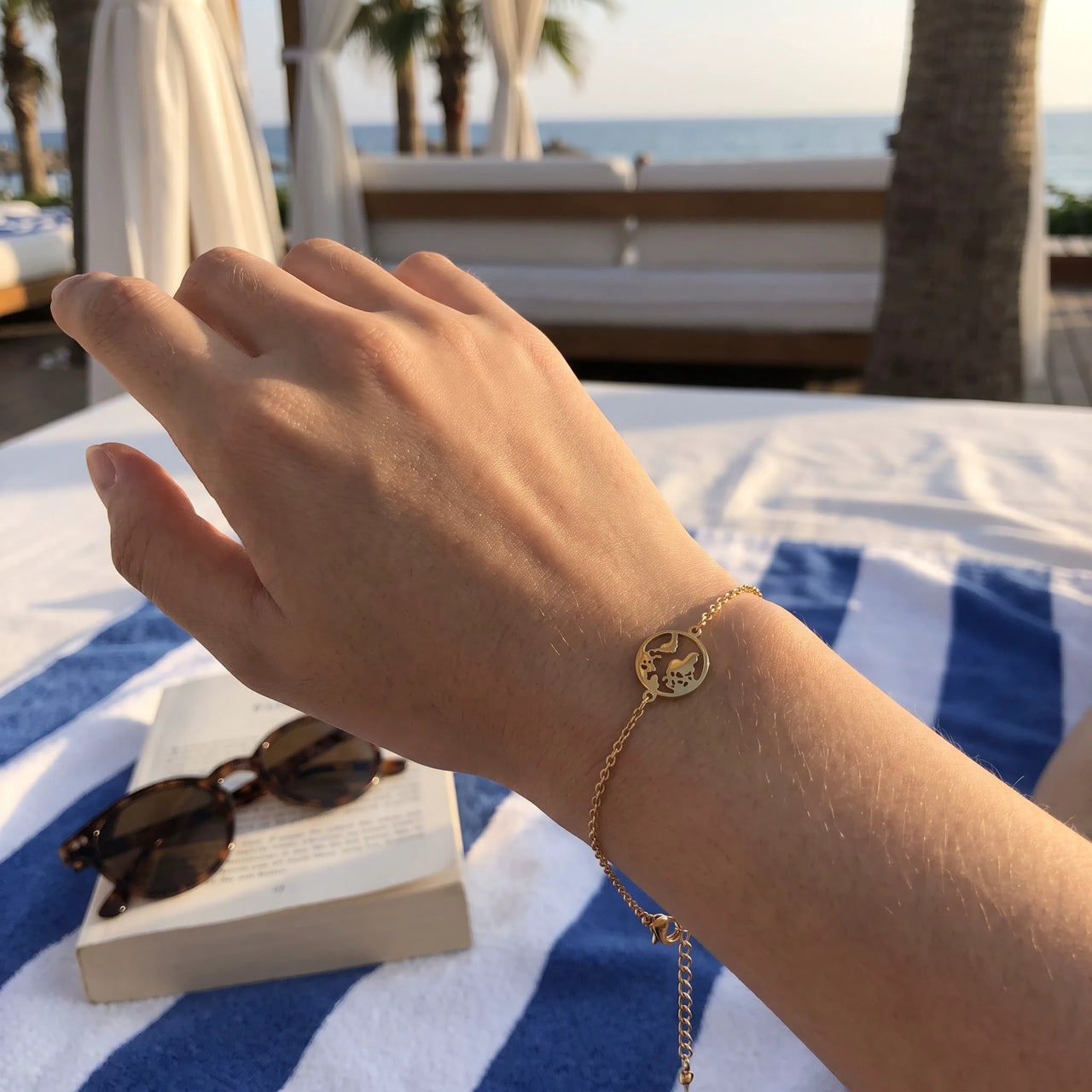 World map bracelet — worn, real size, gold | SKU: 22665062-gold