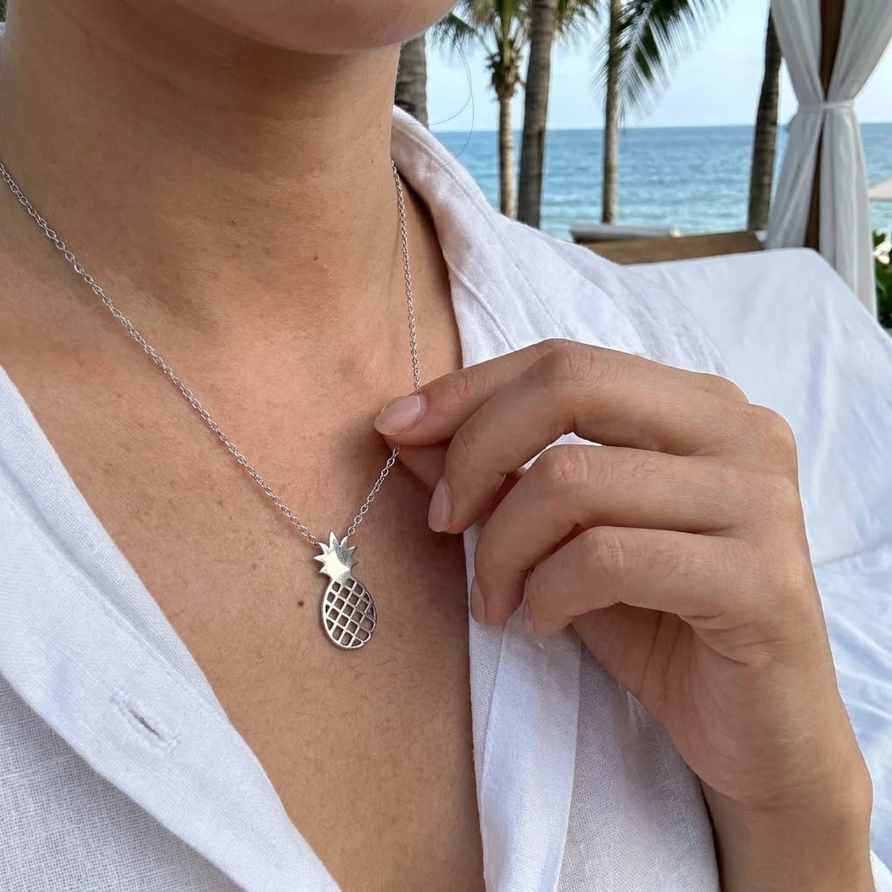 Pineapple necklace — worn, real size, silver | SKU: 8050907-white-gold