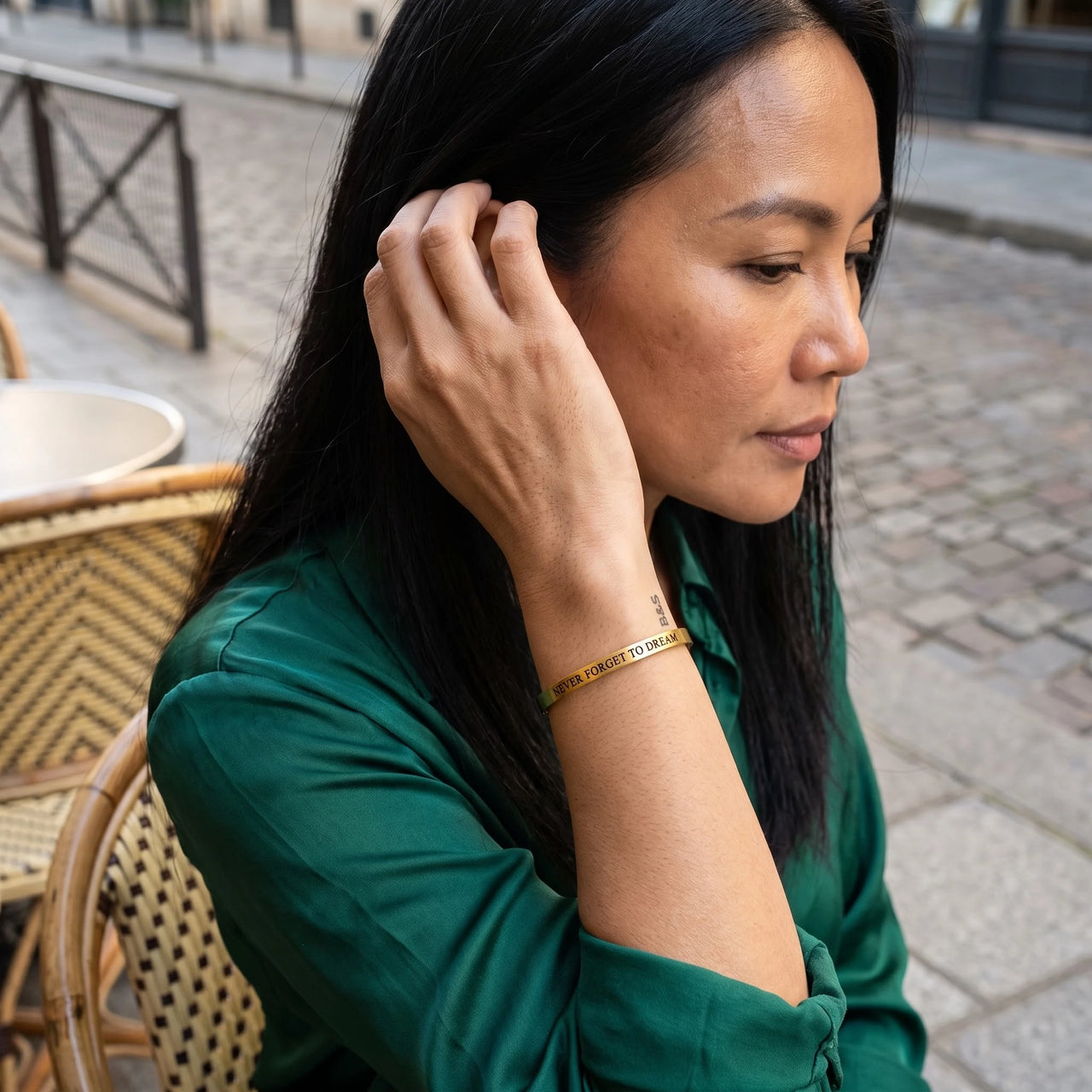 Mantra bracelet — worn, everyday gesture, gold | SKU: nftd-g