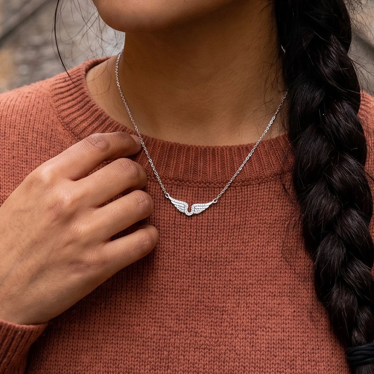 The silver necklace worn, close-up | SKU: 42002-silver