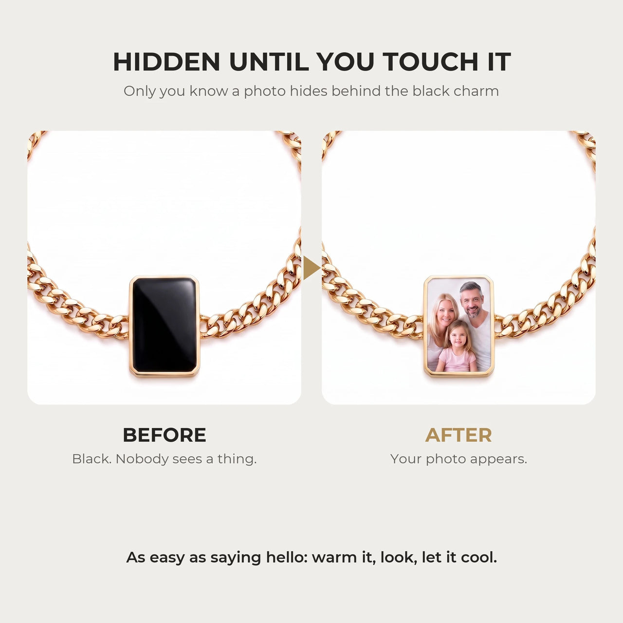Before and after: black cushion-cut charm on the gold bracelet, then the photo revealed by warmth | SKU: TPH-CUSB-GOLD