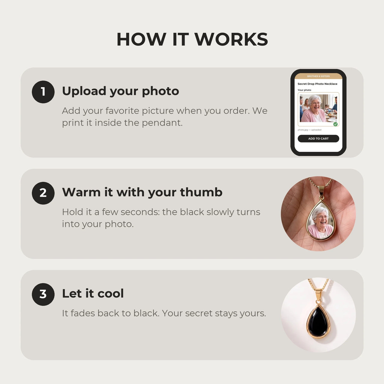 How it works: upload your photo, warm the pendant with your thumb, let it cool back to black | SKU: TPH-DRPN-GOLD