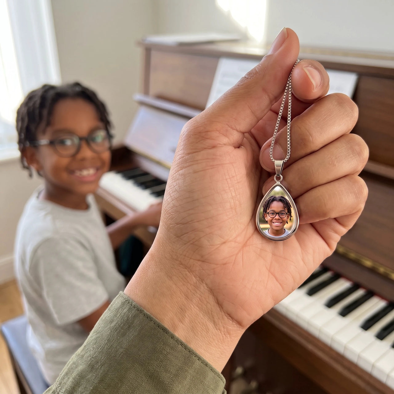 The silver teardrop photo pendant held up, real small size, a boy playing the piano behind | SKU: TPH-DRPN-SILVER