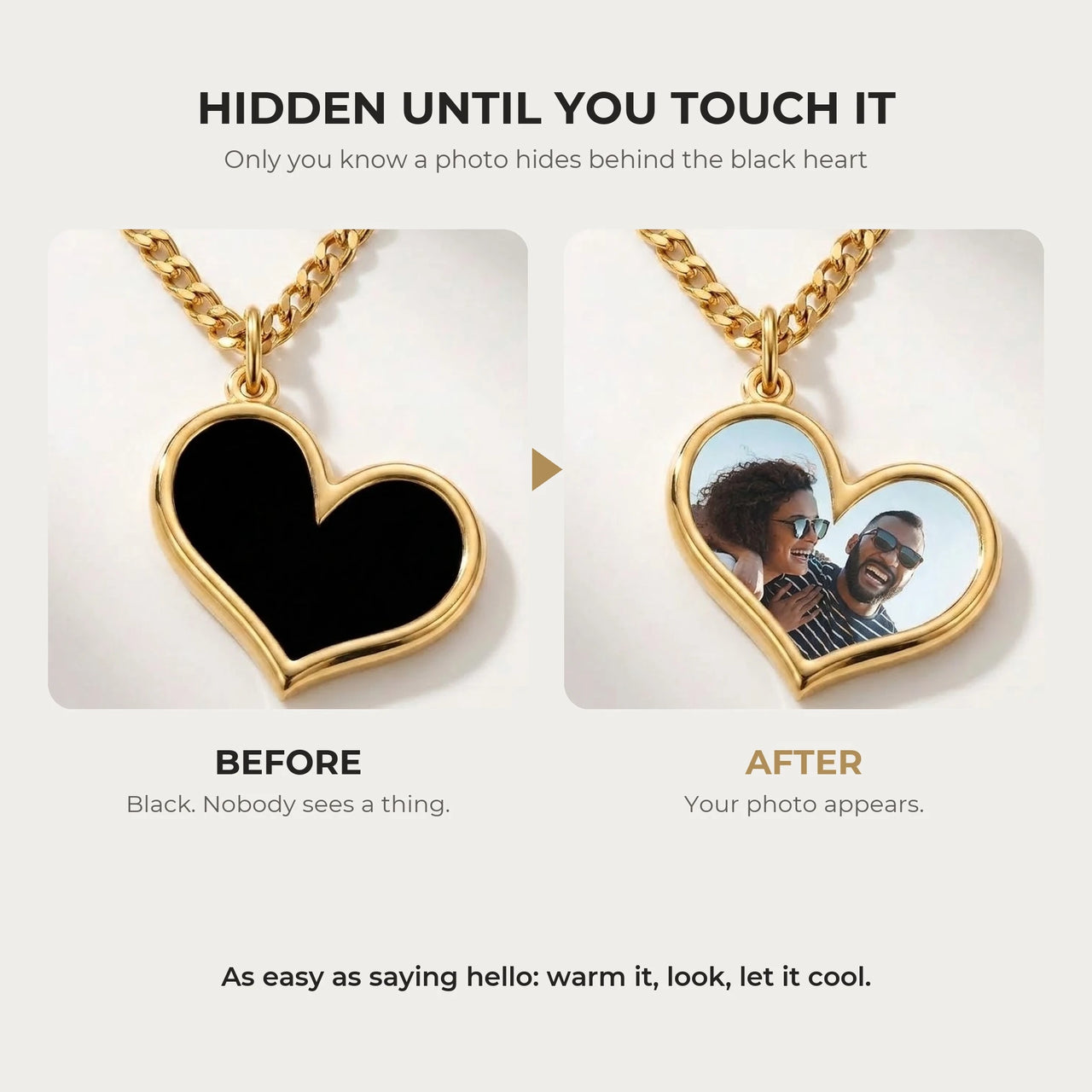 Before and after: black heart pendant, then the photo revealed by the warmth of the thumb | SKU: TPH-HRTN-GOLD