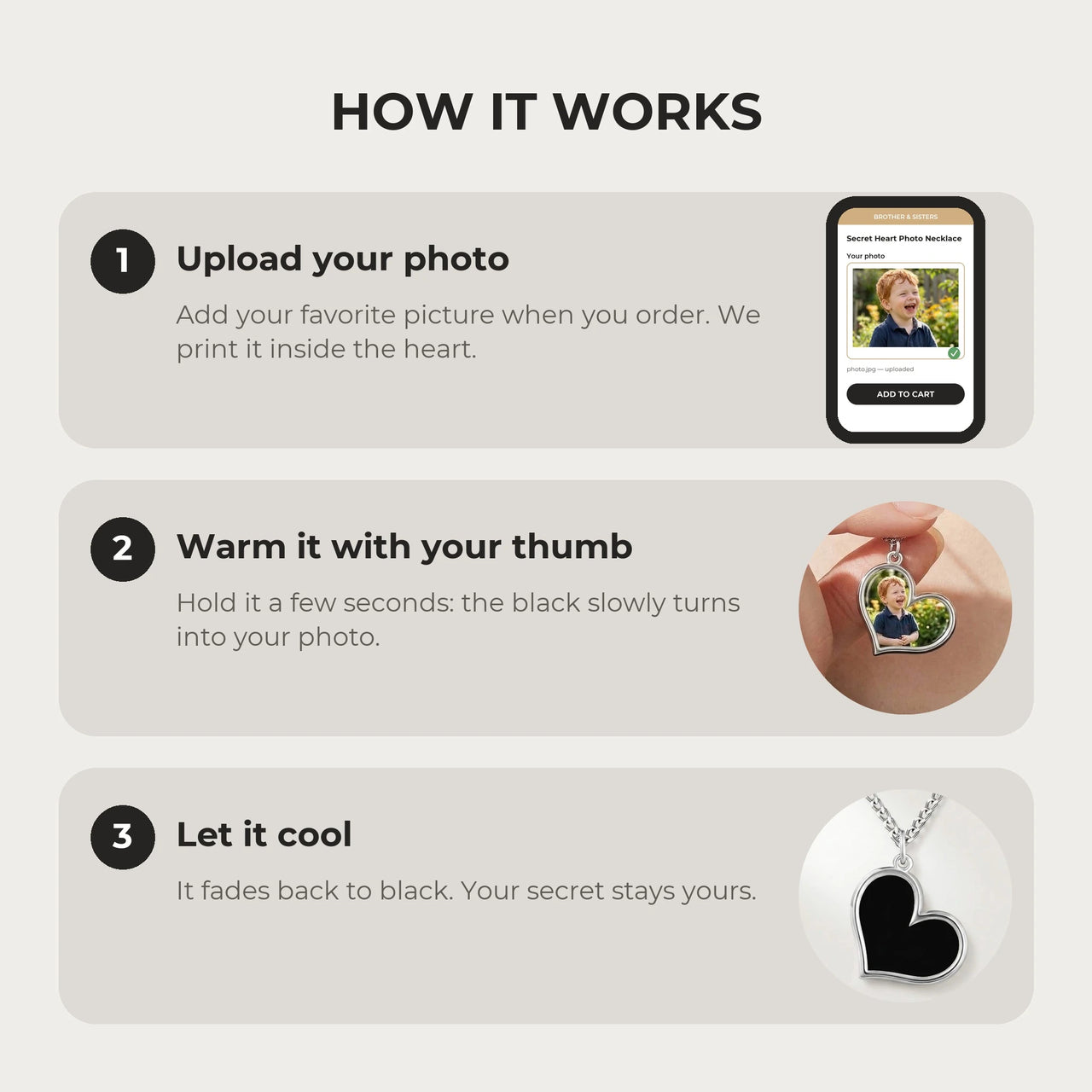 How it works: upload your photo, warm the heart with your thumb, let it cool back to black | SKU: TPH-HRTN-SILVER