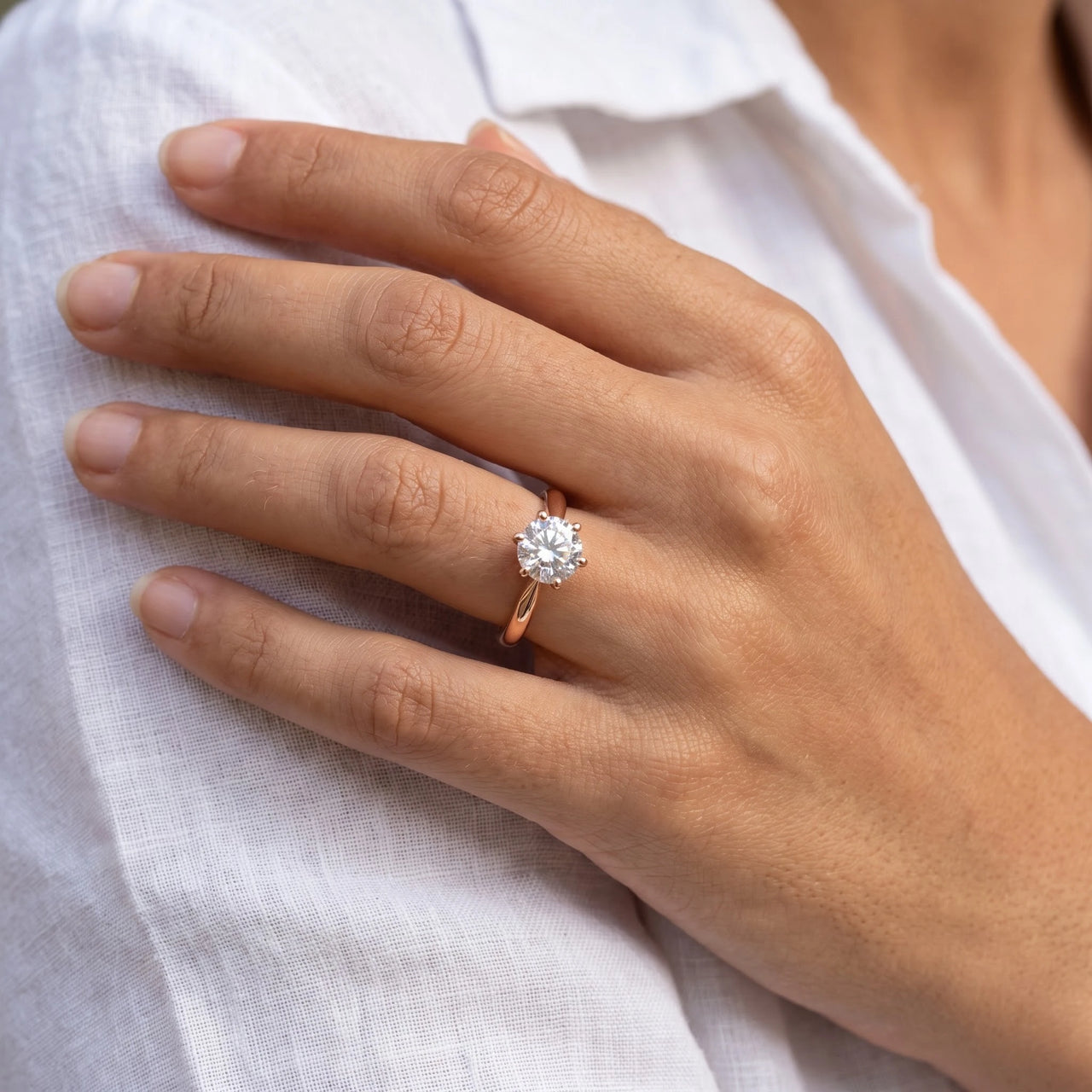 Solitaire engagement ring — close-up of the details, rose gold | SKU: 33759698-4.5-rose-gold