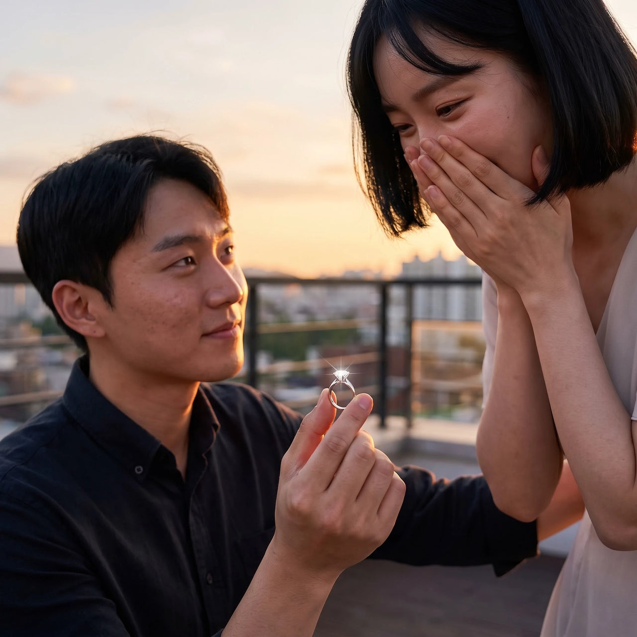 Marriage proposal: he holds the silver ring between his fingers | SKU: 33759698-4.5-silver