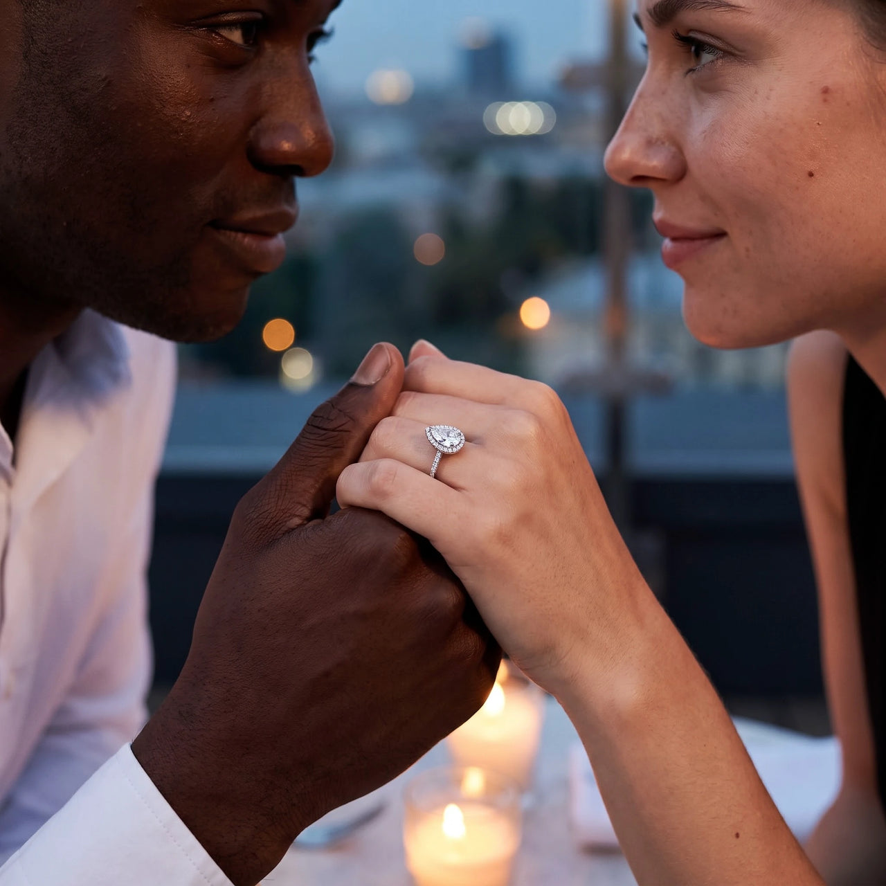 A couple sharing a romantic moment, she wears the silver ring | SKU: 505162-4.5-silver