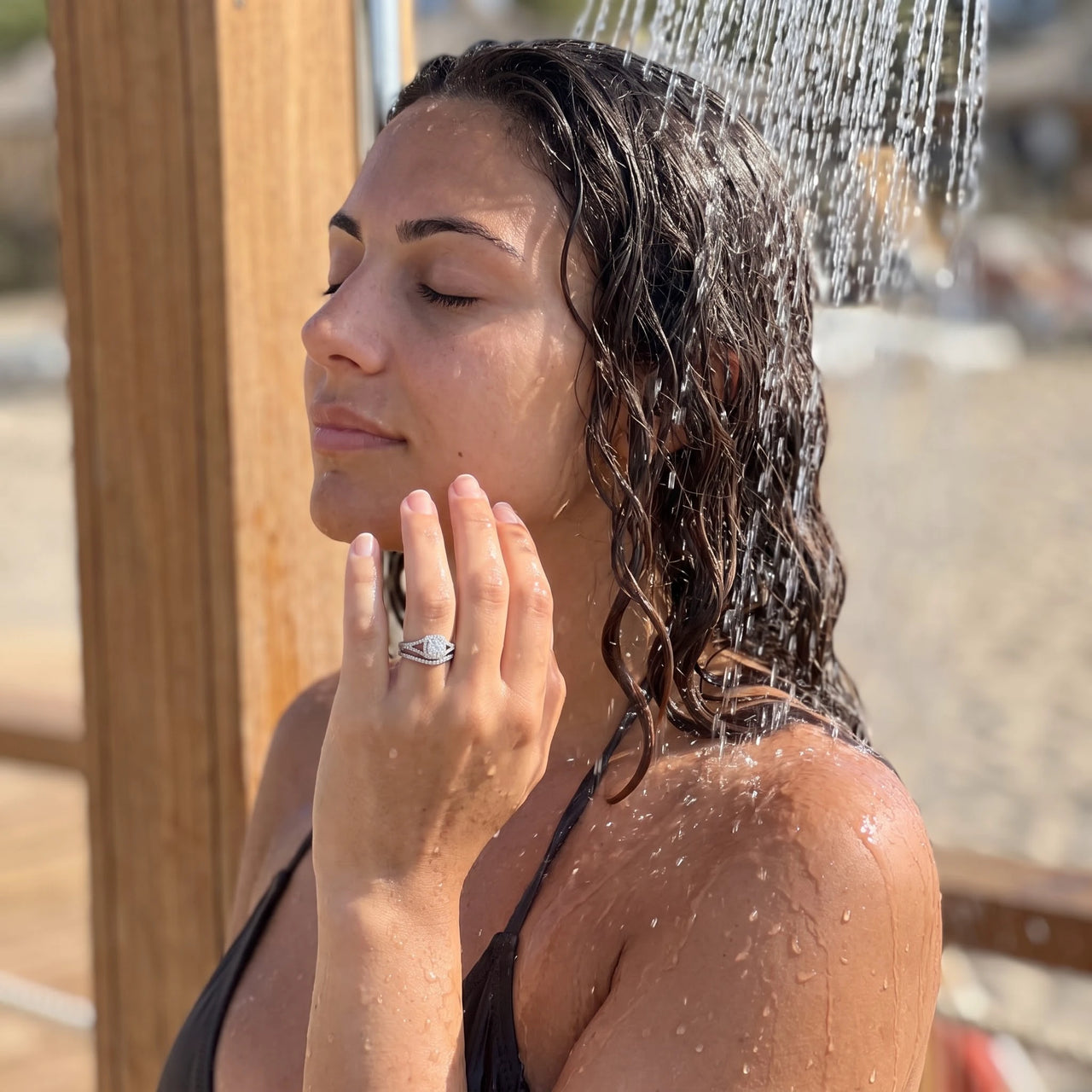Silver ring worn under a tropical outdoor shower | SKU: 497080-4.5-silver