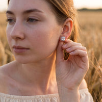 Thumbnail for Cushion cut stud earrings — worn, everyday gesture, silver | SKU: 505185-white