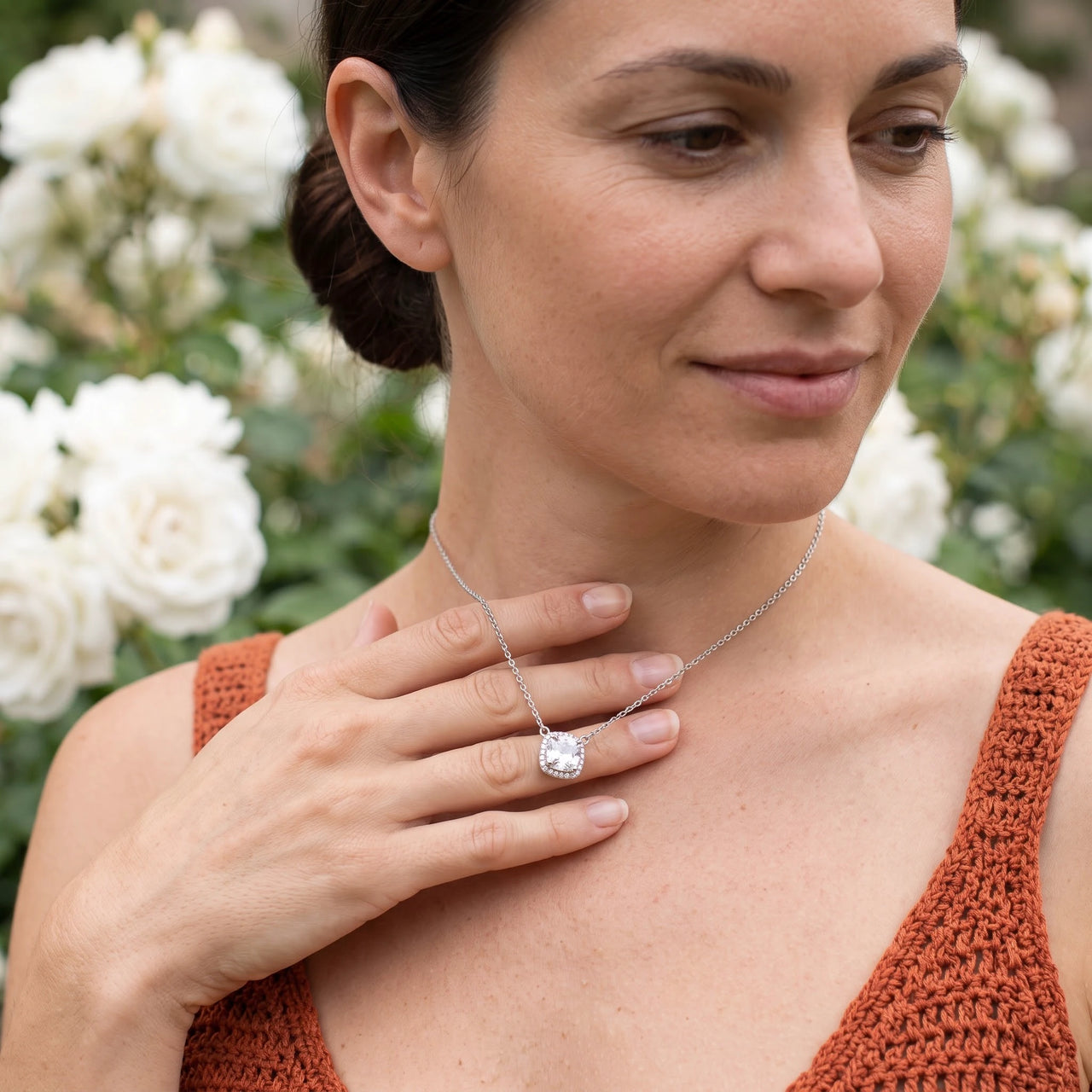 Square necklace — worn, everyday gesture, silver | SKU: 505721
