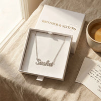 Thumbnail for Minimalist Name Necklace in silver in its Brother & Sisters gift box with a handwritten card, the name Sasha | SKU: minimalistnn-silver