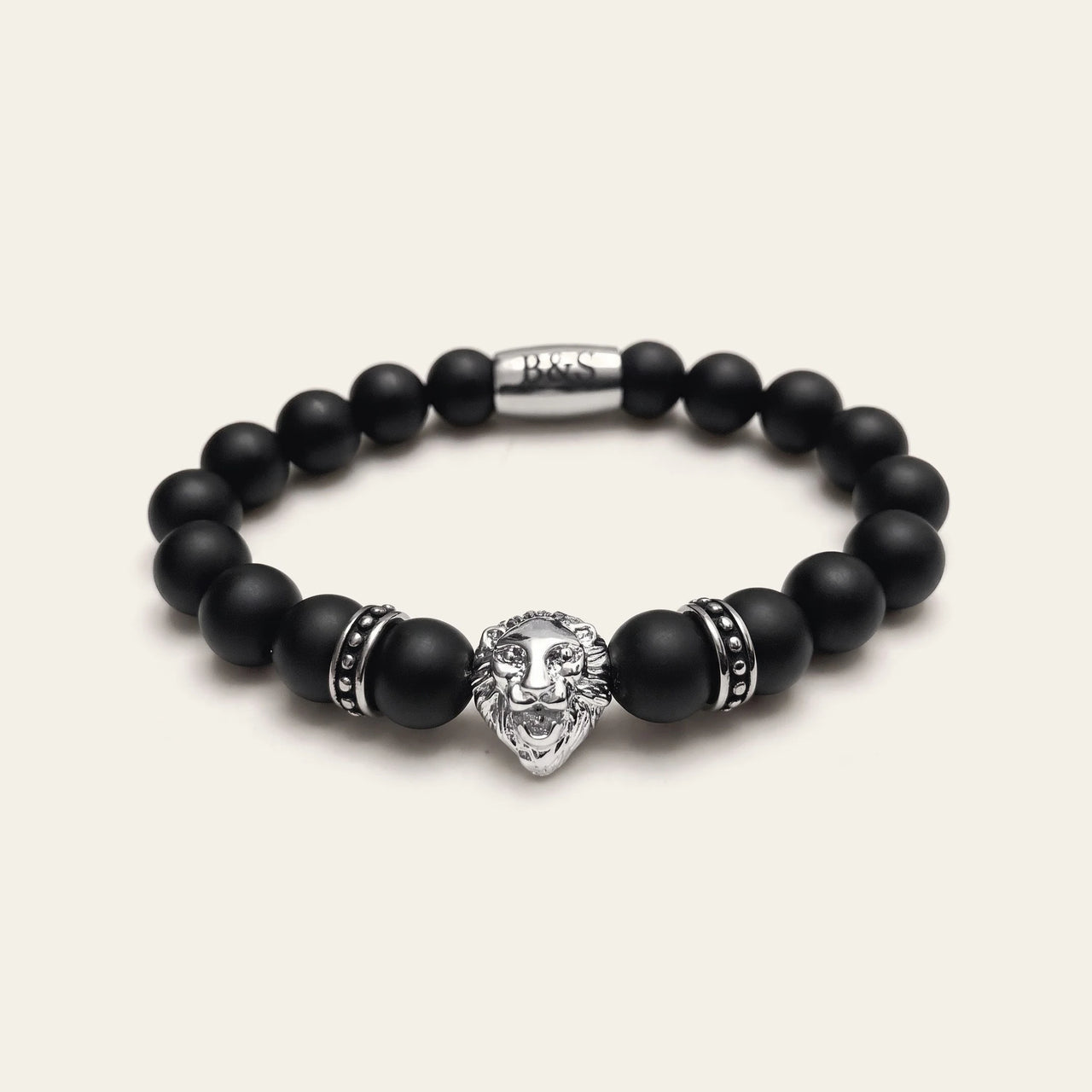 White Gold Lion & Black Stones Bracelet – studio packshot | Brother & Sisters | SKU: 20712286-silver-XS-14-15, 20712286-silver-S-16-17, 20712286-silver-M-18-19, 20712286-silver-L-20-21, 20712286-silver-XL-22-23