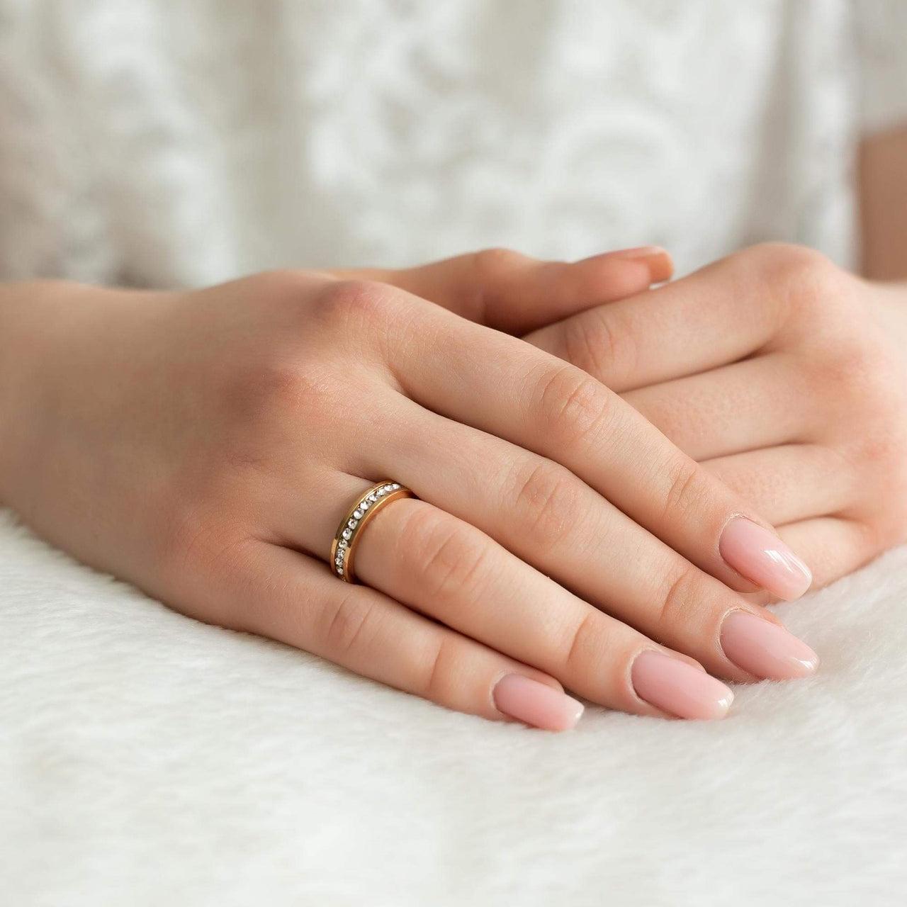 Engagement Ring with Crystals in rose gold worn on the hand | SKU: 25535390-5-rose-gold